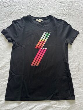Maje Black Tee with Rainbow Stripe Graphic